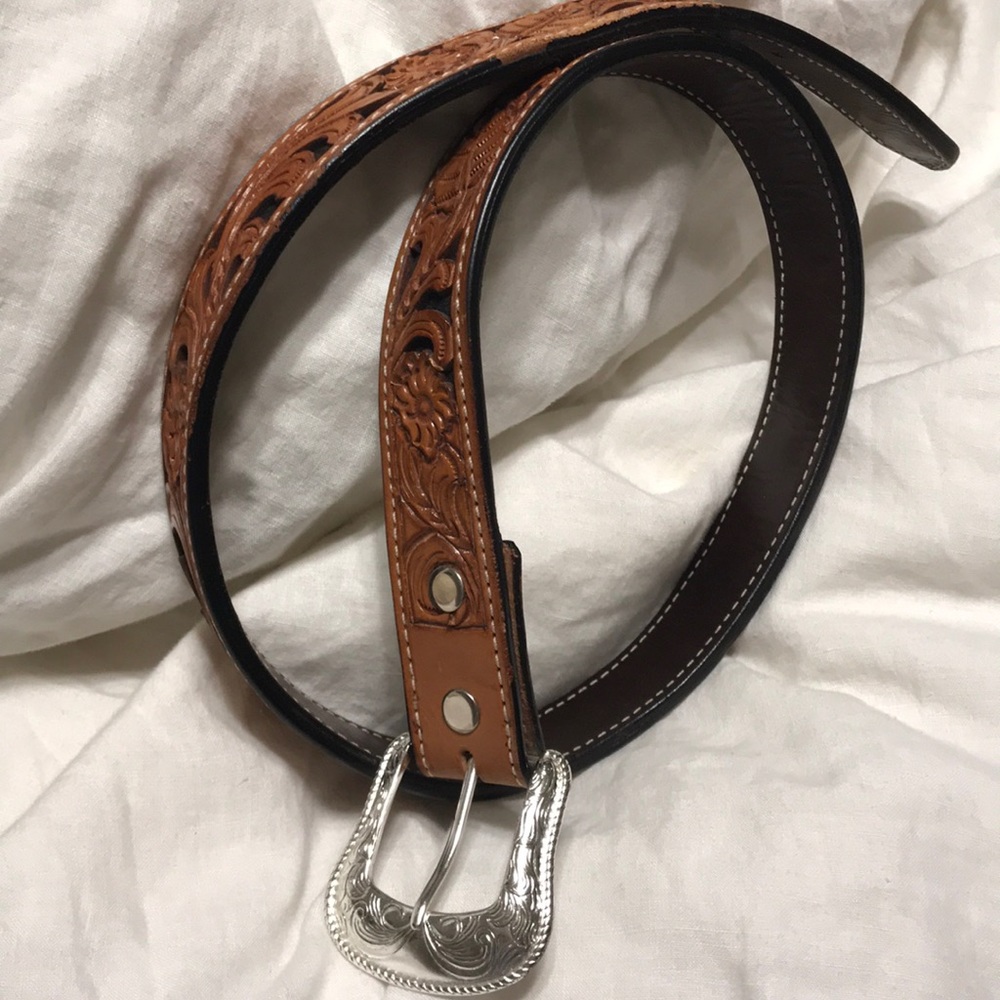 Tooled genuine leather belt